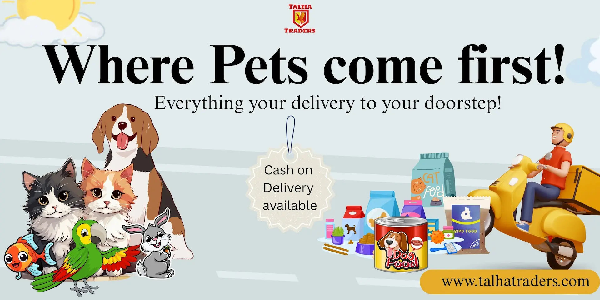 Talha Traders pet supply delivery banner featuring a dog, cat, rabbit, and parrot alongside pet food, treats, and containers. Text highlights doorstep delivery and cash on delivery service with website URL www.talhatraders.com.
