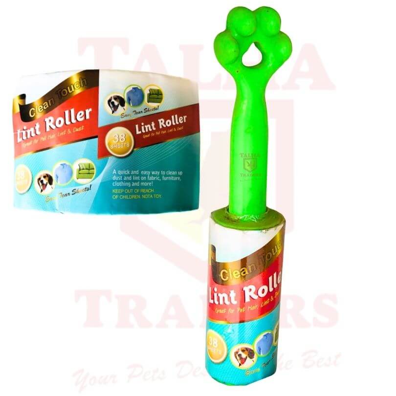 Green lint roller with packaging on a white background