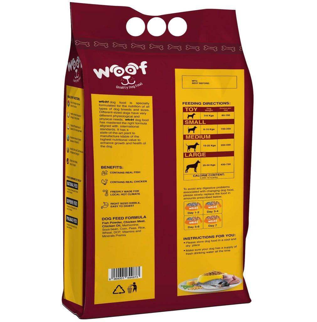 Back label of Woof Quality Adult Dog Food 3kg pack