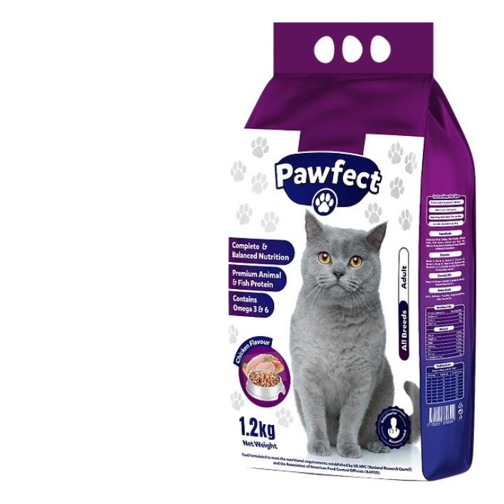 Purple package of Pawfect cat food with a gray cat on a white background