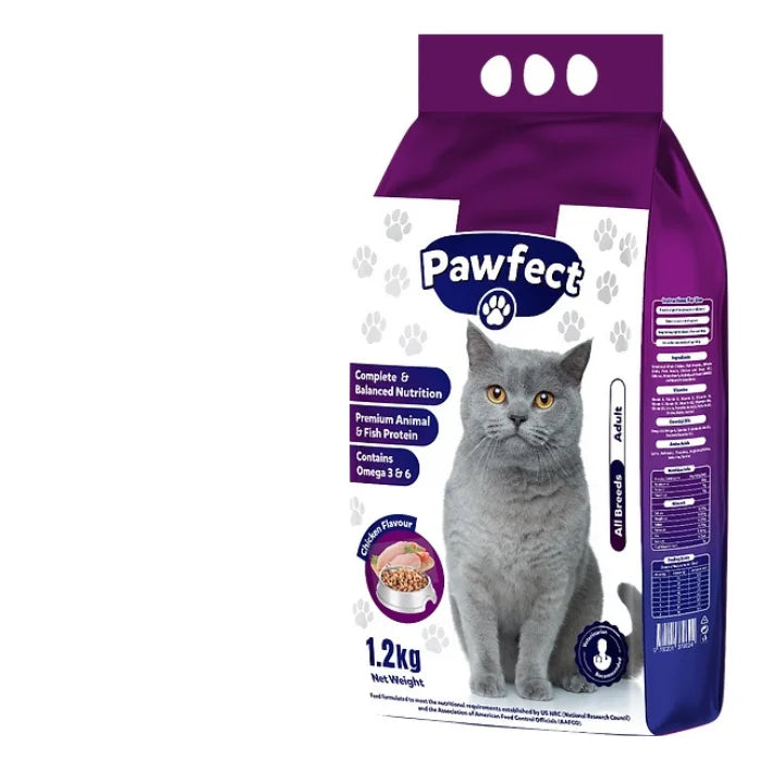 Purple package of Pawfect cat food with a gray cat on a white background