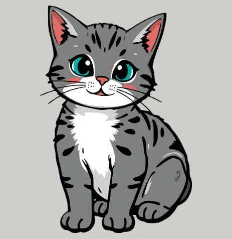 Cartoon cat with large eyes on a gray background