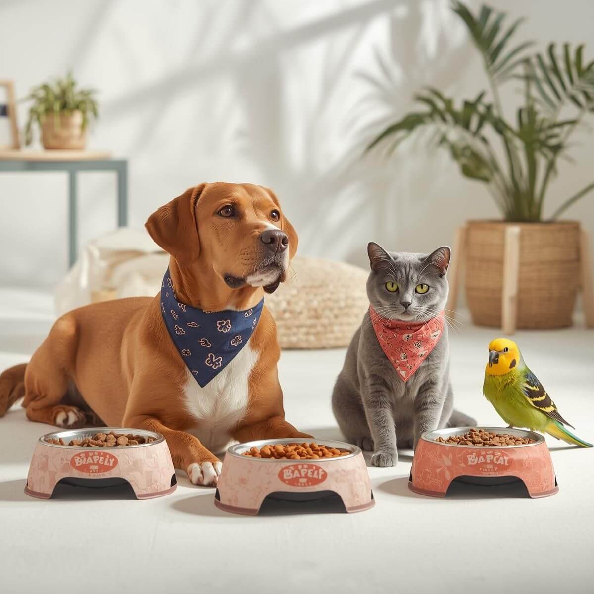 Dog, cat, and parrot sitting together with food bowls, showcasing premium pet food collection in a bright home setting.