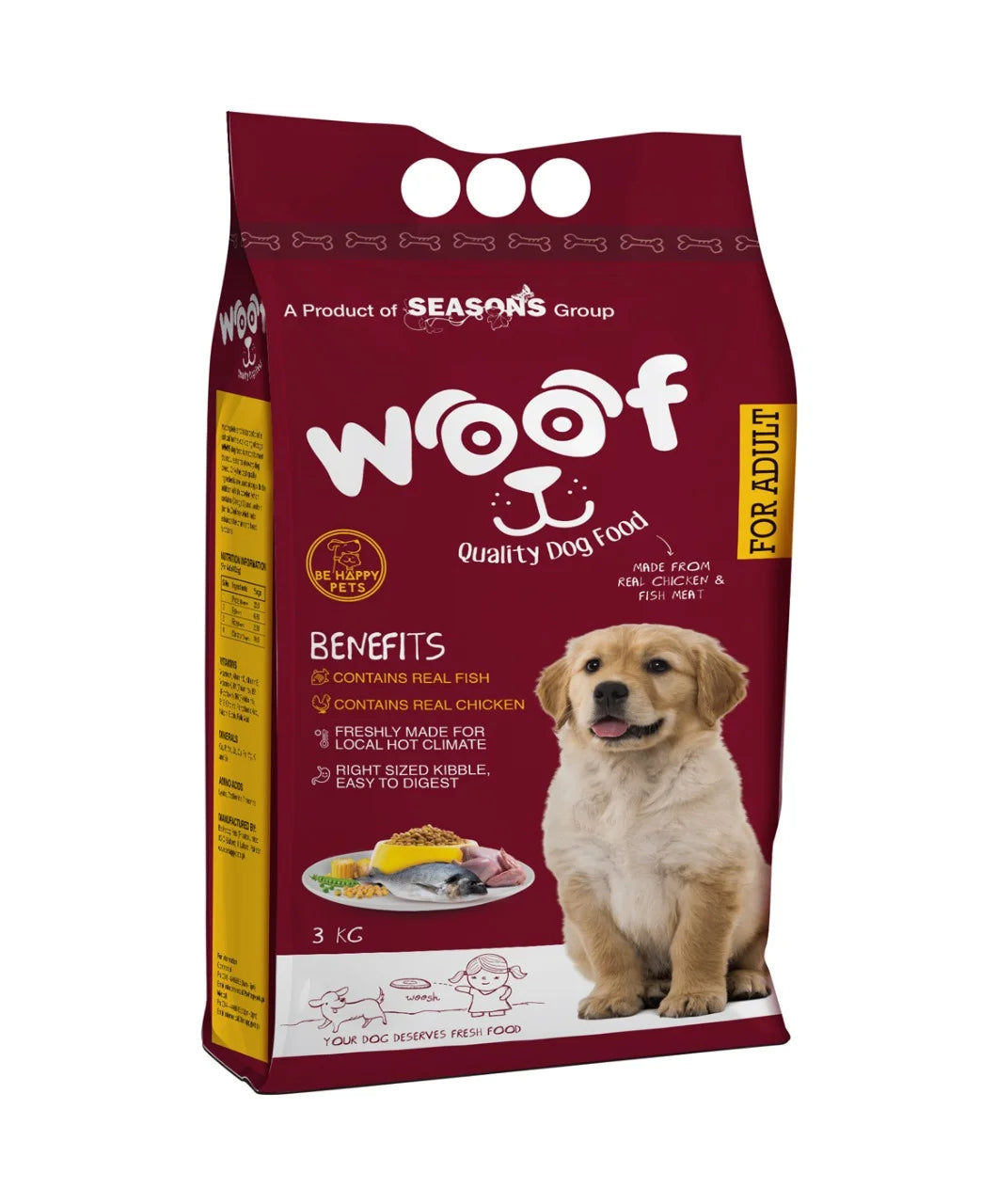 Front view of Woof Quality Adult Dog Food 3kg pack