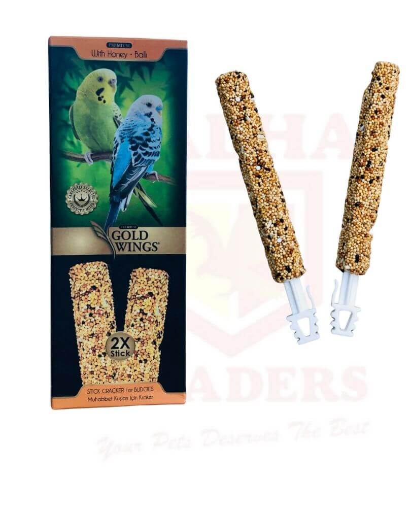 Bird seed sticks with packaging featuring parakeets on a white background