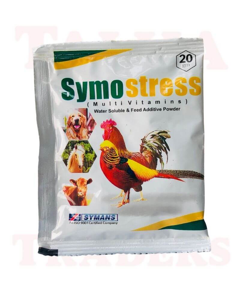 Package of Symo stress MultiVitamins for animals with images of a rooster, cow, and dog on a white background.