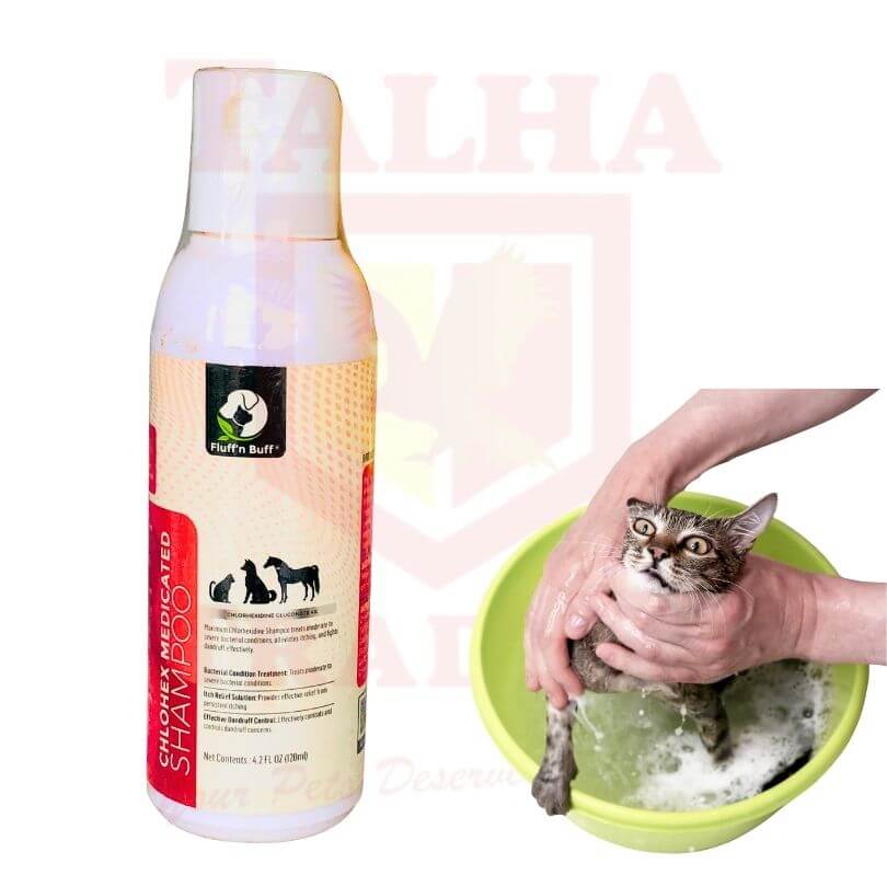 Pet shampoo bottle with a person washing a cat in a green bowl on a white background