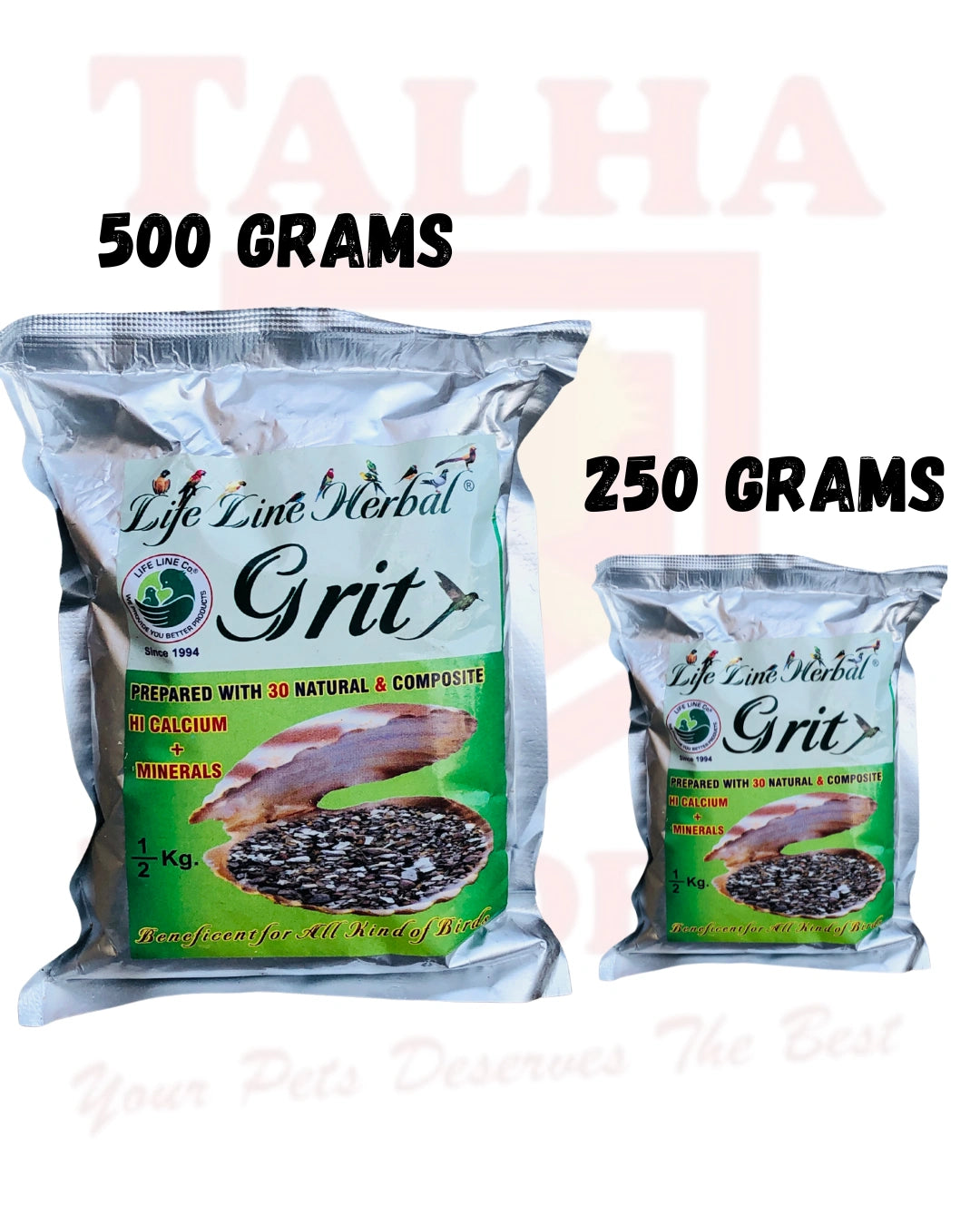 Life Line Herbal Grit 500g and 250g packs with natural ingredients for bird digestion