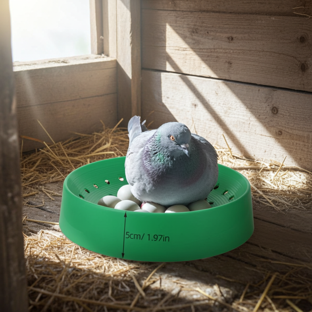 Pigeon sitting on a green platform with eggs in a wooden coop
