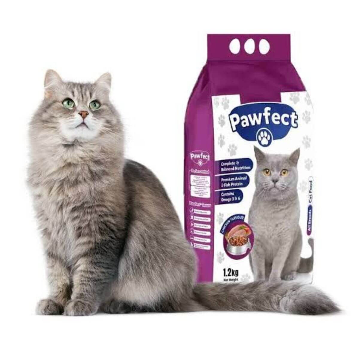 Cat sitting next to a package of Pawfect cat food on a white background