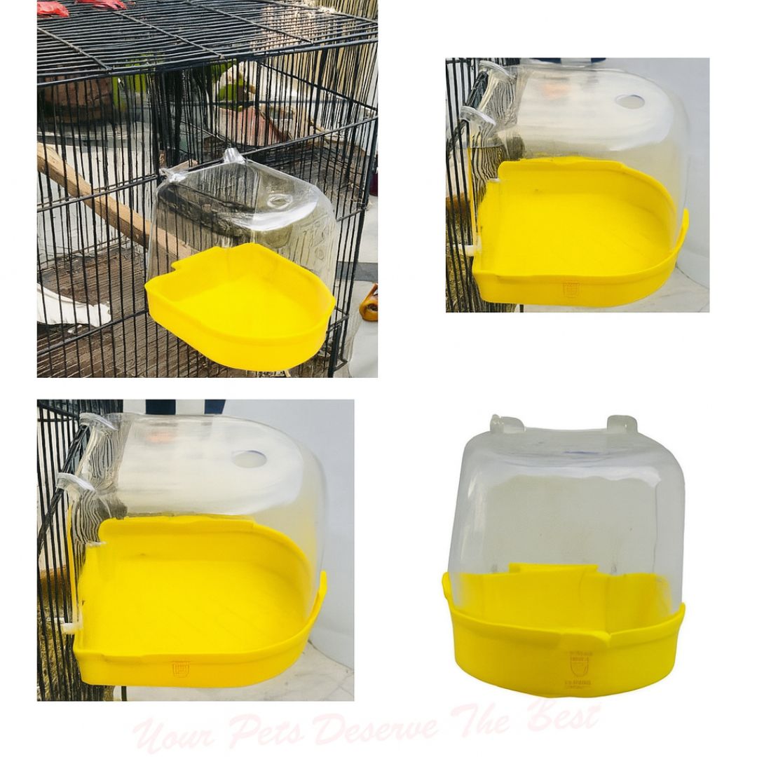 Yellow base bird bath tub with transparent dome cover, designed for small pet birds like canaries, finches, budgies, and love birds.