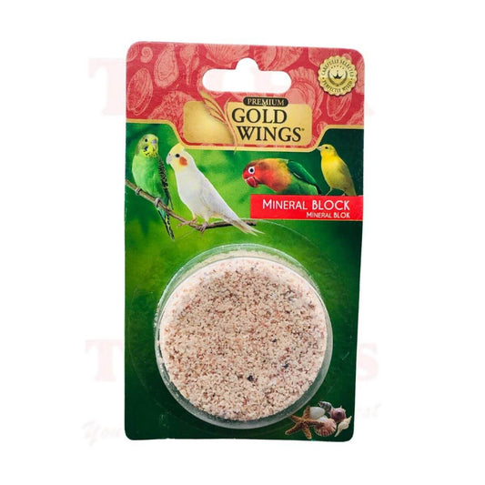 Gold Wings mineral block for birds in packaging with colorful birds on a green background