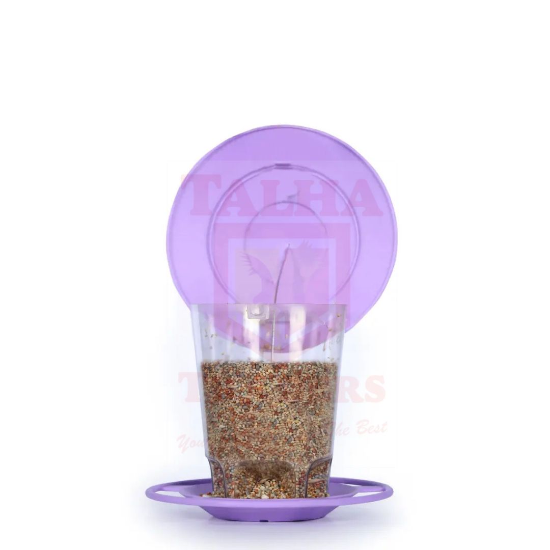 Purple bird hanging feeder with seeds on a white background