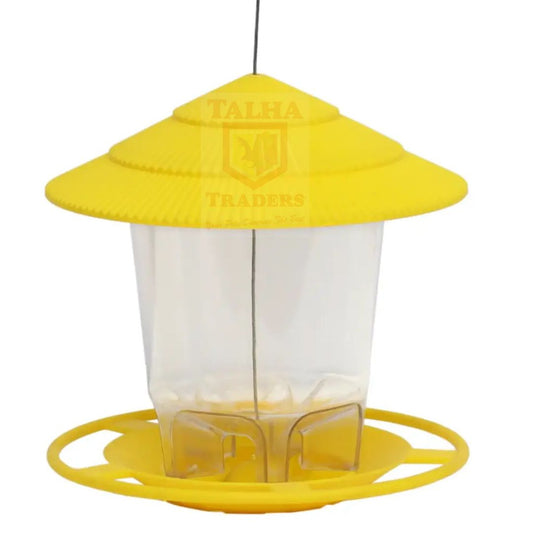 Yellow bird hanging feeder with a clear container on a white background