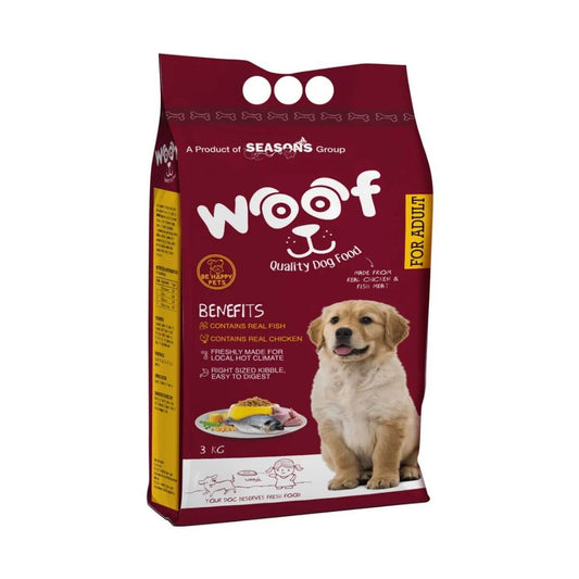 Bag of Woof dog food with a puppy picture on a white background