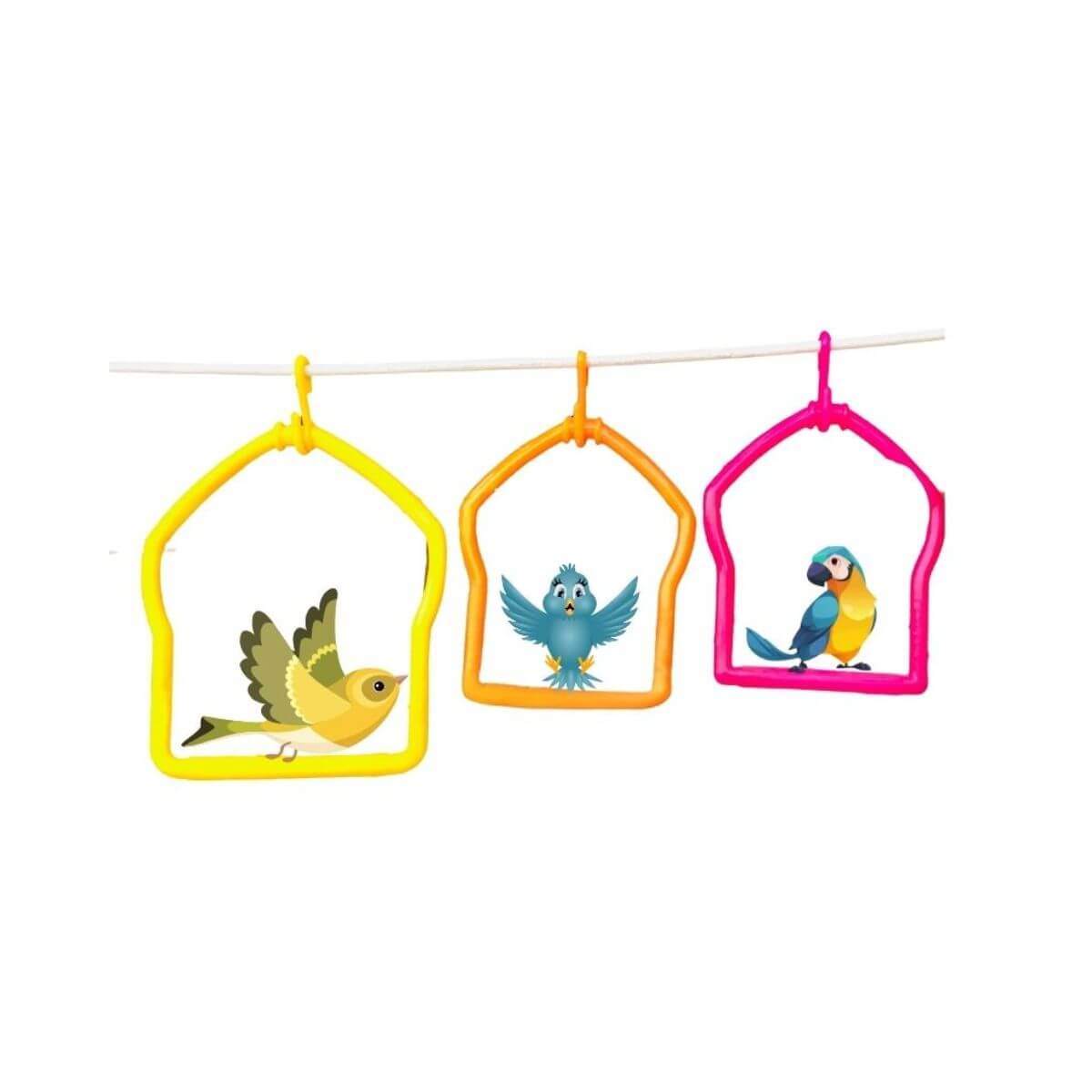 Three colorful bird swings handing on wire with cartoon birds on a white background