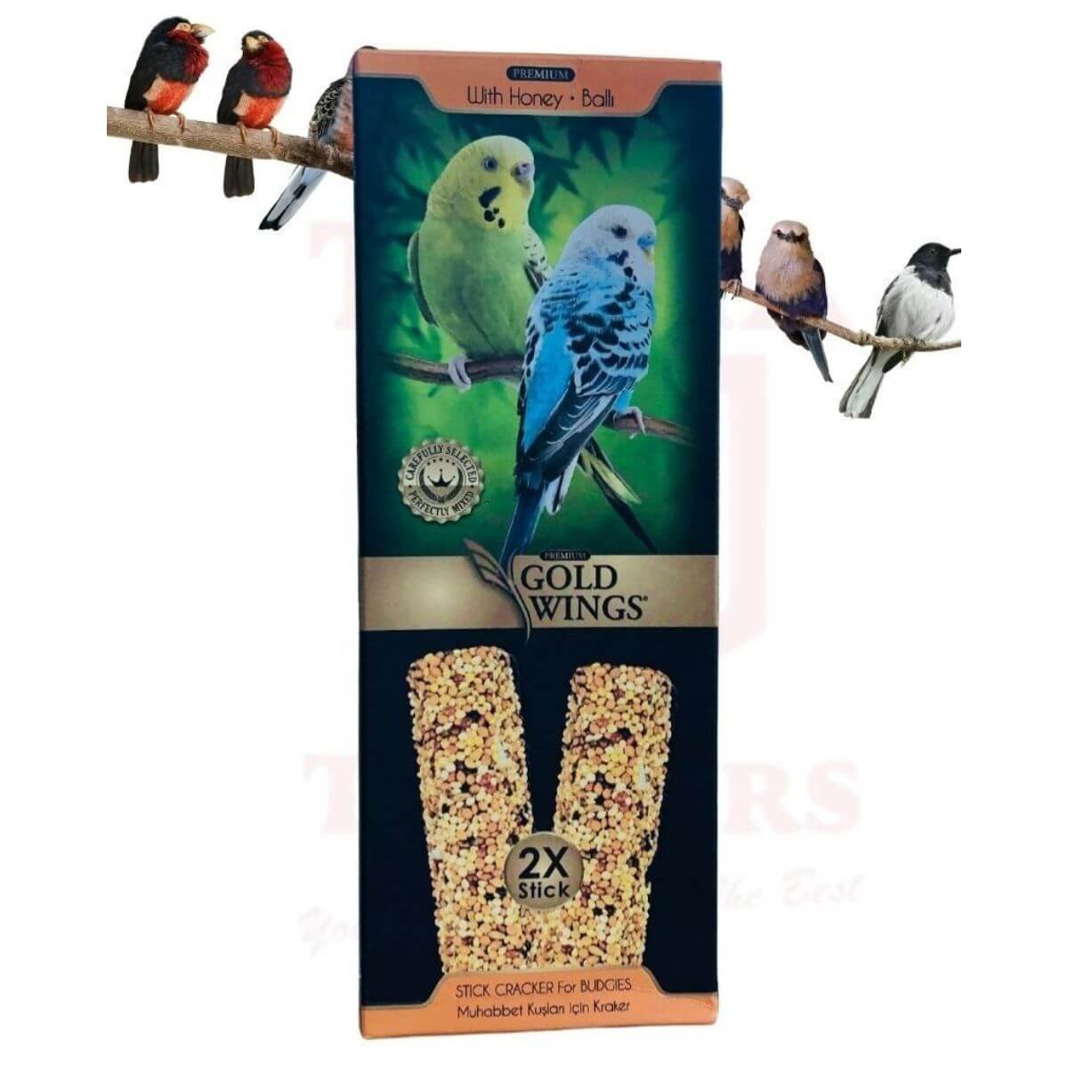 Gold Wings bird food package with parakeets on a branch