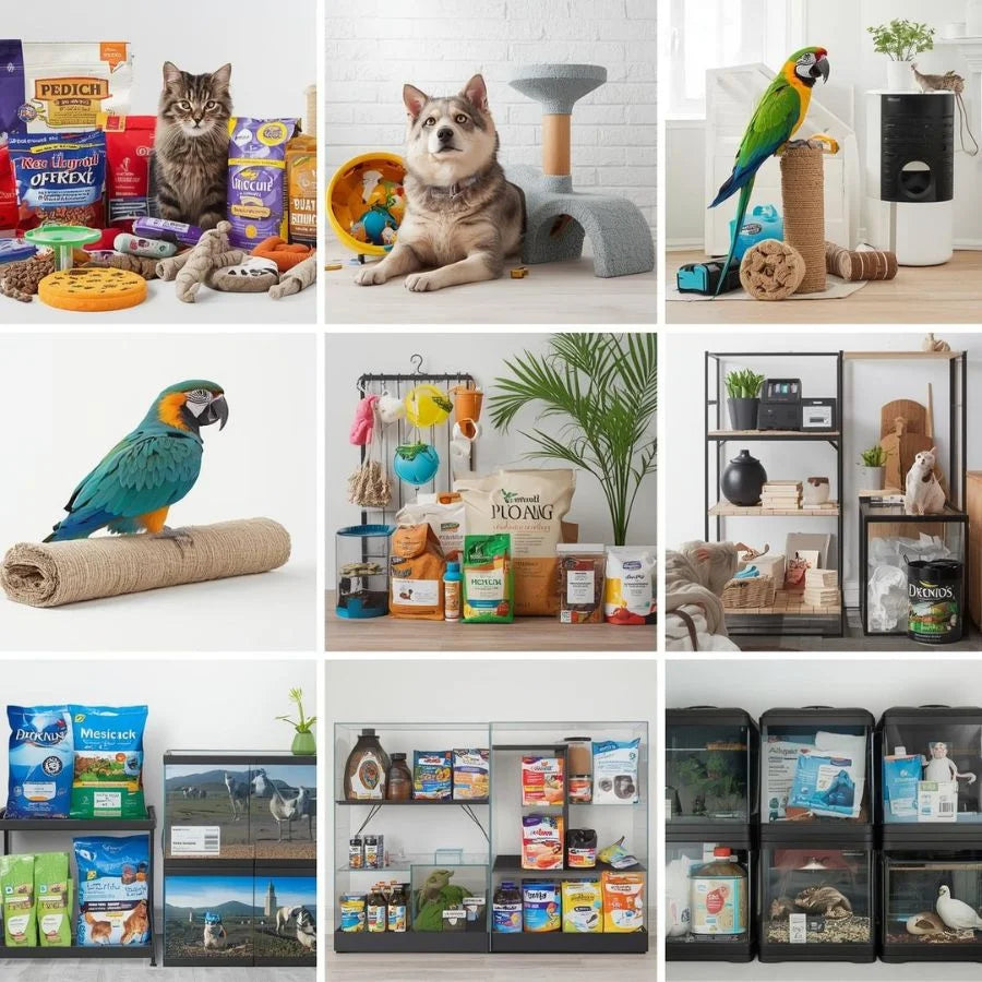 Collage of nine sections showing a variety of pet products and animals, including cat foods and dog foods, treats, toys, and grooming items; dogs with toys and accessories, parrots with cages, food, and perches, aquariums and terrariums for reptiles and fish.