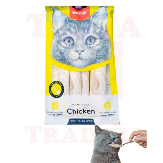 Cat treat package with a cat's face on the label, showing a hand feeding a treat to a cat.