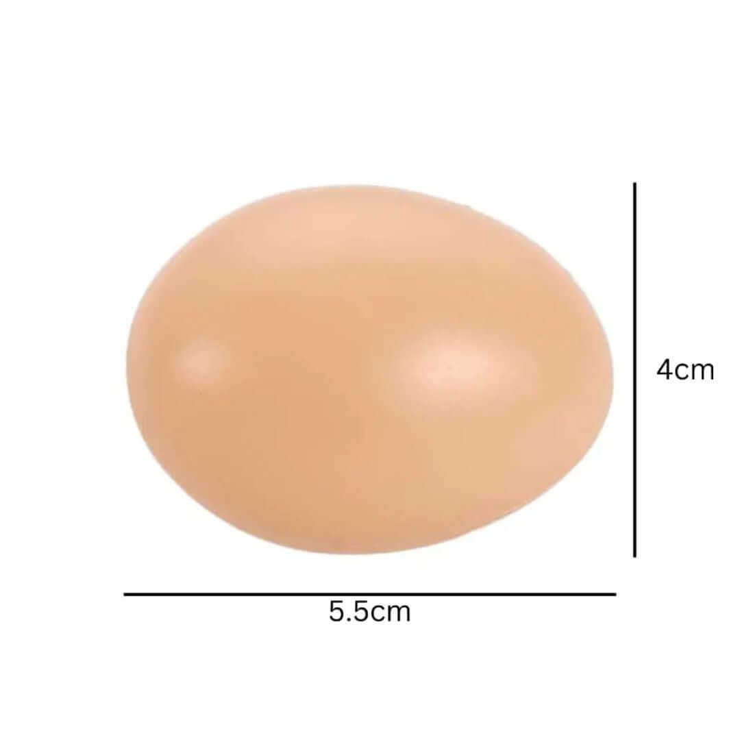 Beige-colored egg with dimensions labeled on a white background