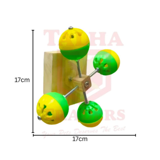 Rotating bird toy with colorful spinning balls attached to a wooden base, designed for budgies and parrots.