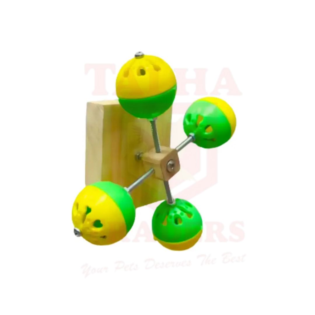 Toy with green and yellow balls on a white background