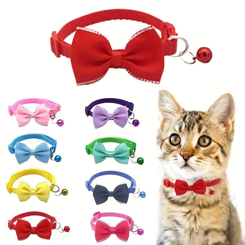 Adjustable cat collar with bow & bell – stylish and lightweight