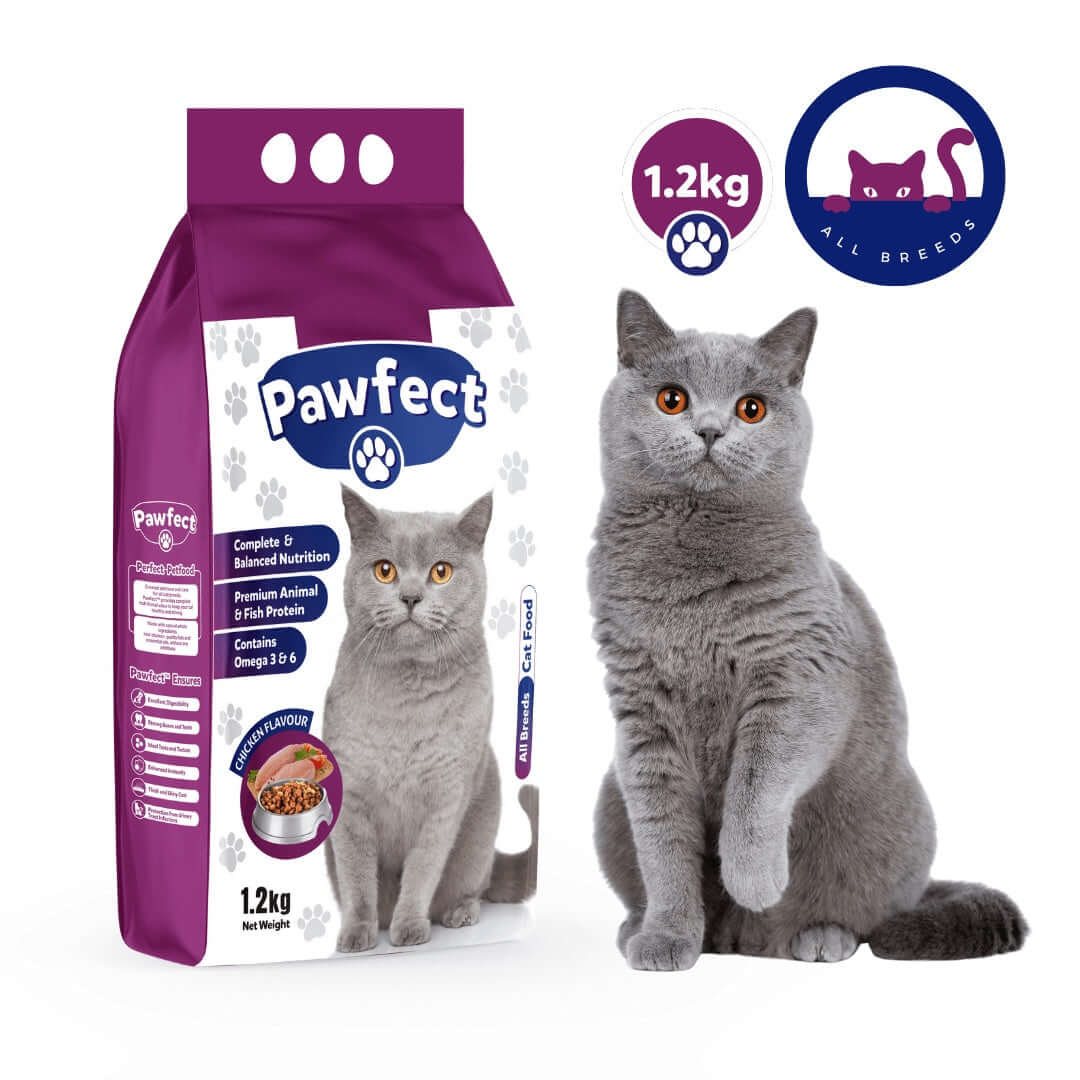 Pawfect cat food package with a gray cat on a white background