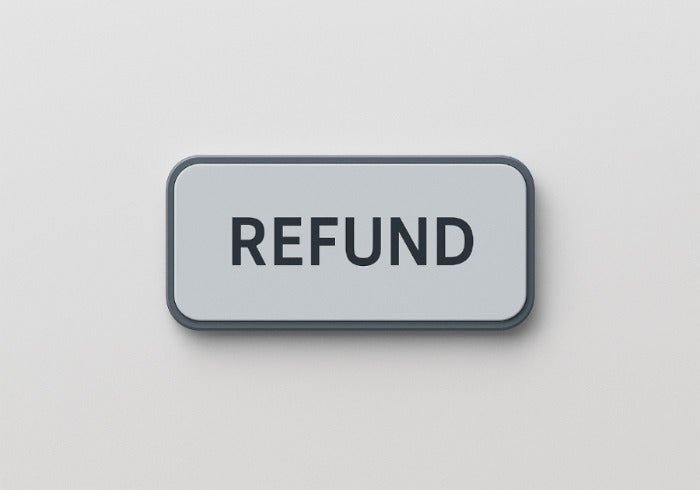 Rectangular refund button on a light gray background